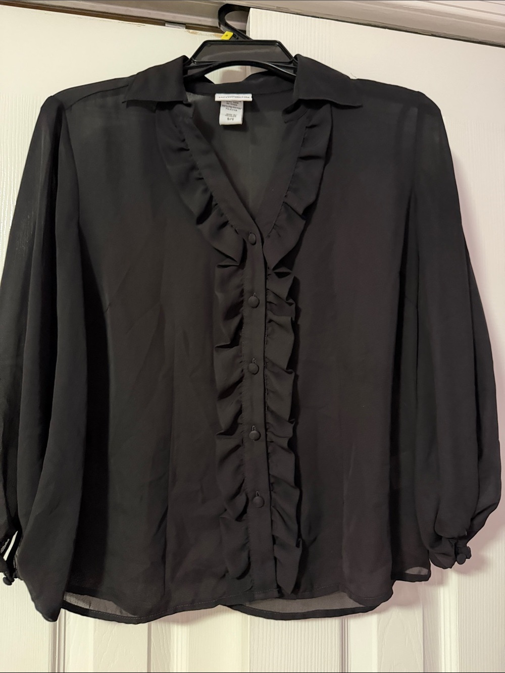 Jaclyn Smith Black Ruffle Front Button Blouse